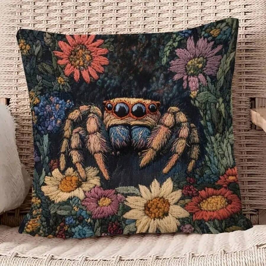 Vintage Spider Design Throw Pillow Cover - Single-Sided Printed, Envelope Closure, For Porch, Patio, Farmhouse, Living Room,Sofa,Bed,Car,Western Bedroom Decor & Daily,Festivals,Parties Decor, 18x18 Inch Decorative Pillowcase - 樣式 1 - 查看 1
