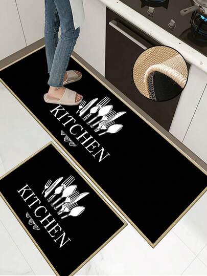 3.5mm Thick Rubber Linen Kitchen Mat, Black Culinary Style Absorbent Kitchen Rug With Sewn Edges To Prevent Peeling, Water-Absorbing And Easy To Clean Doormat, Suitable For Kitchen, Bathroom, Laundry Room, Hallway, Living Room And More