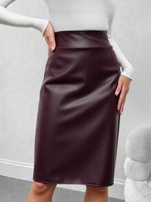 女士高腰PU皮铅笔裙 – 后拉链，后开衩，黑色/酒红色 - 紅木色 - 查看 1
