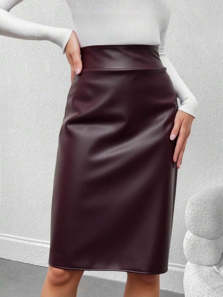 女士高腰PU皮铅笔裙 – 后拉链，后开衩，黑色/酒红色 - 紅木色 - 查看 1