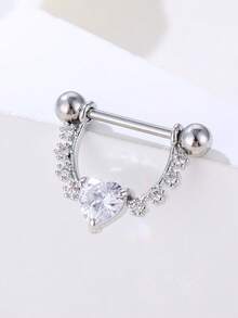 1 Pair Women's Stainless Steel Zirconia Heart Screw Stud Earrings, Punk Piercing Everyday Accessory - Silver - View 5