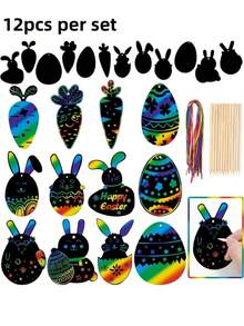 12/24pcs Easter Scratch Art Set, Includes Easter Eggs, Scratch Art, Easter Scratch Paper, Scratch Art Set, Easter Craft Set And Easter Ribbons. - Multicolor - View 14