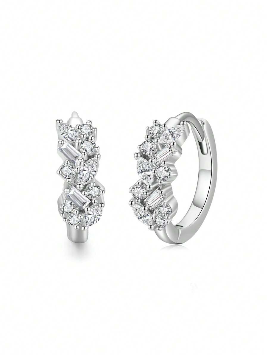 1pair Fashion 925 Sterling Silver Shining Irregular Cubic Zirconia Elegant Earrings For Women Wedding Engagement Jewelry Gift - Silver - View 1