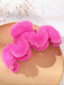 1pc Solid Color Fluffy Autumn/Winter Hair Claw, Fashionable High-End Thick Hair Clip, Cute Magenta Cartoon Side Clip Plush Hair Clutch Winter Hair Accessories - Hot Pink - 查看 3