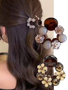 4厘米仿珍珠水钻发夹，优雅花朵设计半圆形发饰，奢华咖啡色半圆形发夹，优雅爪夹，夏季沙滩花朵发爪，度假发夹 - 彩色 - 查看 1