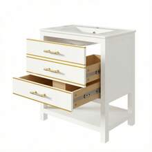White Bathroom Vanity Unit With Ceramic Sink – Freestanding Bathroom Vanity Unit With 2 Drawers And Open Compartment, High-Quality MDF Board With Lacquered Finish, Gold Handles, Without Tap Or Drain - White - View 9