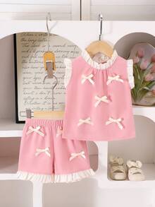 2pcs/Set Baby Girls' Sweet Cute Bow Collar Sleeveless Top + Shorts Set, Summer - Watermelon Pink - View 1