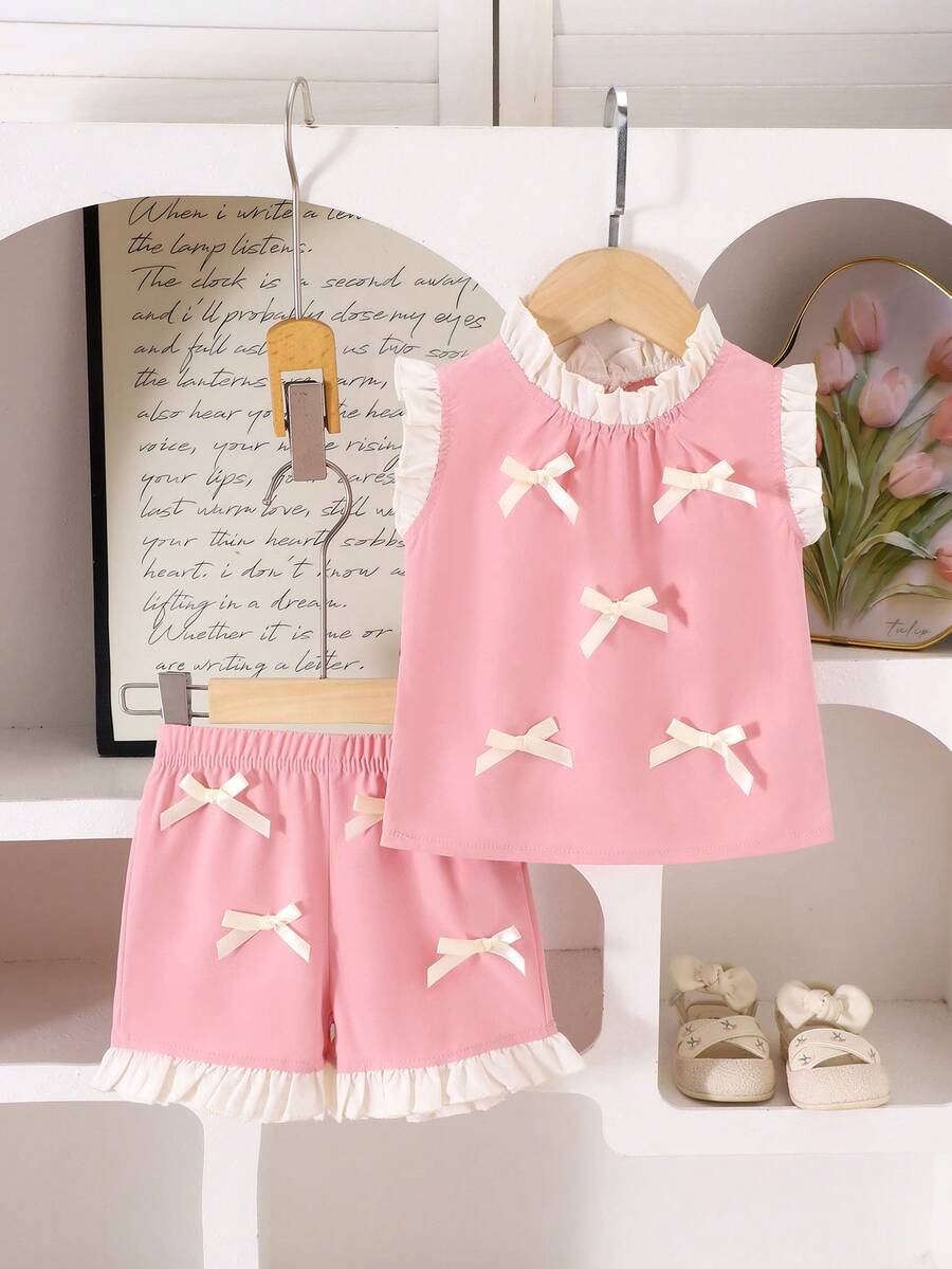 2pcs/Set Baby Girls' Sweet Cute Bow Collar Sleeveless Top + Shorts Set, Summer - Watermelon Pink - View 1