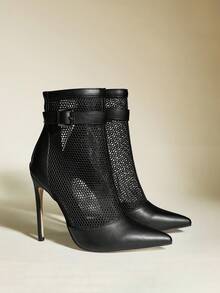 Sexy Fashion Party Mesh Patchwork Back Zipper Pointed Toe High Heel Ankle Boots - Black - View 4