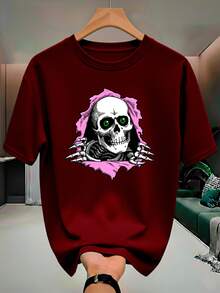 Skull Skeleton Streetwear T-Shirt, 100% Cotton, Men's And Women's Unisex Premium Shirt - 紫紅色 - 查看 1