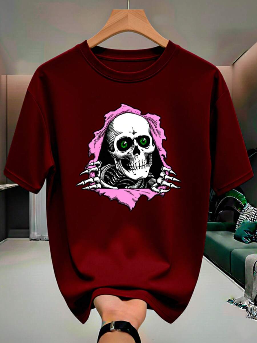 Skull Skeleton Streetwear T-Shirt, 100% Cotton, Men's And Women's Unisex Premium Shirt - 紫紅色 - 查看 1