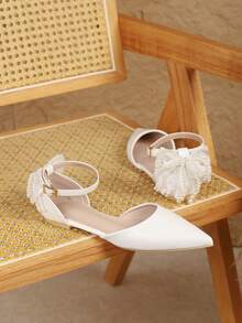 女士时尚尖头白色珍珠蝴蝶结玛丽珍休闲平底鞋，镂空凉鞋，春夏款 - 白色 - 查看 4
