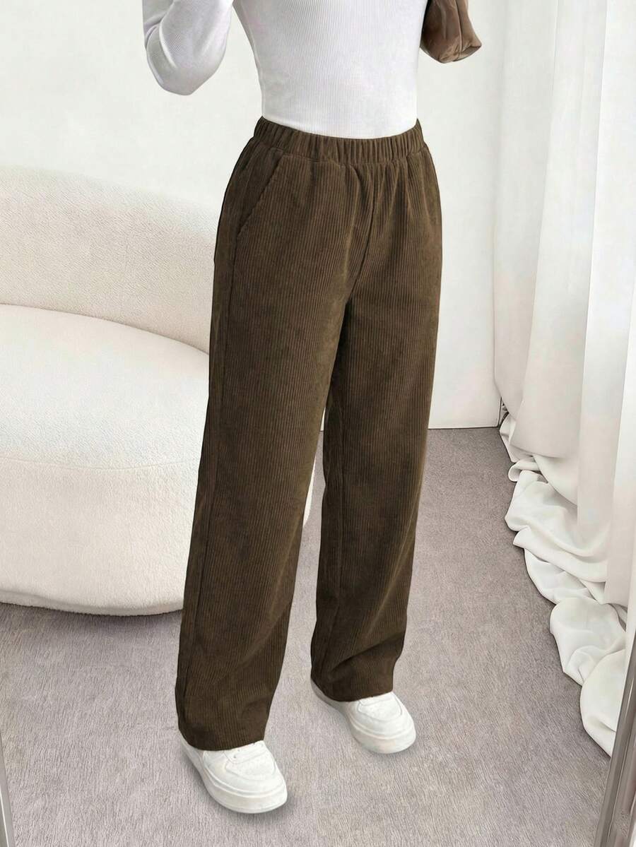 1pc Tween Girls' Plain Durable Casual Corduroy Straight Pants, Suitable For School - màu nâu - Xem 1