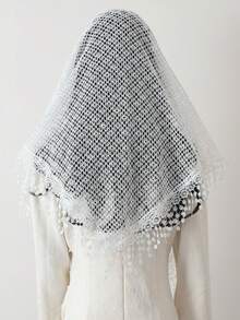 新款热销女士三角披肩，网纱、亮片和蕾丝饰边——多功能头巾围巾，浪漫透气，纯色，宽松版型 - 大尺寸版白色 - 查看 12