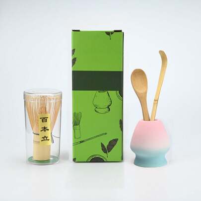 4 قطع طقم خفاقة الماتشا - خفاقة ماتشا من البامبو، منخل الشاي، ملعقة، مصفاة، حامل الخفاقة، طقم بداية ماتشا مثالي لطقوس شاي الماتشا