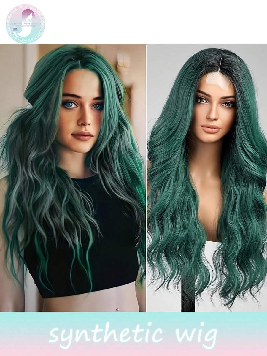 St. Patrick's Day Heat-Resistant Synthetic U-Shaped Lace Wig, 4*2 Wavy Curls, 24-Inch Green Medium Length, High-Quality Women's Headpiece For Everyday Use, Natural Soft Wig, Music Festival Party Wig - Green - View 1