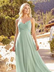 EVERPRETTY Spring Solid Color Pleated Bust Camisole Dress, Spaghetti Strap Draped Open Back Design, Elegant Sage Green Bridesmaid Dress, Wedding Guest Dress - Mint Green - View 6