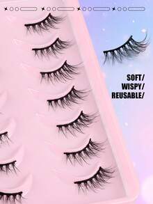 7 Pairs Mkhlina Natural Cat Eye Effect Half-Strip False Eyelashes, Slim Corner Lashes, Black Soft Band, Short Bar Style Daily Wear Fake Lashes - 半眼睫毛 - 查看 5