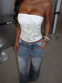 夏季新款白色抹胸露脐上衣，性感亮片花卉刺绣抹胸设计，露背系带修身露脐上衣 - 白色 - 查看 7