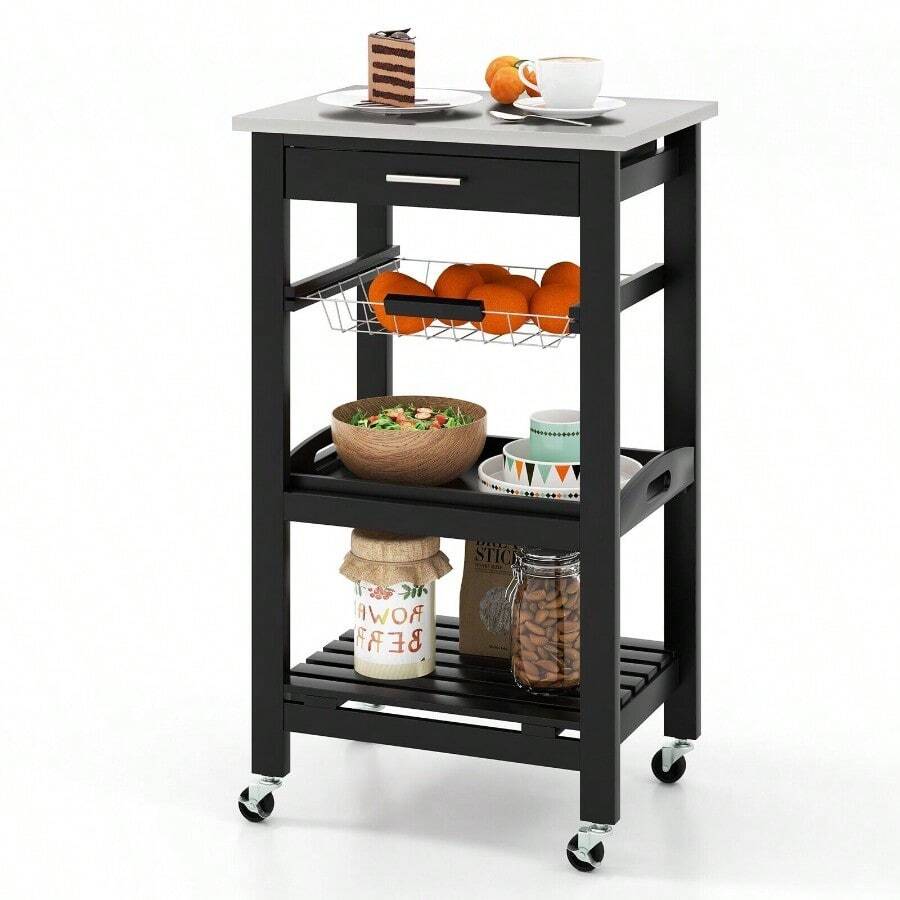 GOFLAME Rolling Kitchen Storage Trolley Cart Cupboard Island Stainless Steel Counter Top - Black - View 1