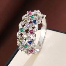 1pc Fashion Grid Flower Design Cubic Zirconia Inlaid Women's Casual Gift Ring - Multicolor - View 4