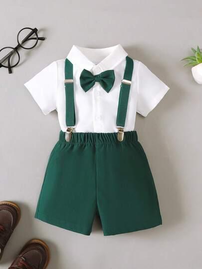 BrownBark 2pcs Baby Boy Outfit, Gentleman Style Suit Set - Bow Tie Decor Casual Short Sleeve Shirt & Bib Shorts, Suitable For Birthday Party, Formal Occasion, Wedding, Christening, 1st Birthday Celebration, Daily Wear
