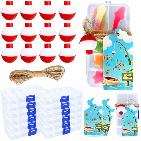 12 Juegos de pequeñas cajas de aparejos de pesca como recuerdos de fiesta de cumpleaños, 12 tarjetas de agradecimiento con flotadores de pesca con el tema "Me fui de pesca", decoraciones y suministros divertidos para fiestas temáticas de pesca