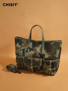 Original New Product Camouflage Green Tote Bag With Color Contrast Splicing Large Capacity Tote Bag Sports Bag Multi Pocket Tote Bag Travel Bag Shoulder Bag, Valentine's Day Halloween Christmas Gift Suitable For Work, Vacation, Travel, Shopping, Daily Party Activities Music Festival Autumn/Winter Edition - 迷彩綠 - 查看 3
