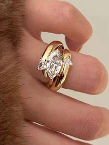 rundraw 1枚/2枚新款橄榄形双层包裹几何可叠戴简约优雅铜锆石金色开口戒指，女士适用，适合派对、通勤、宴会、订婚、婚礼、日常穿搭配饰，节日和周年纪念日送给朋友和情侣的最佳礼物 - 金色 - 查看 1