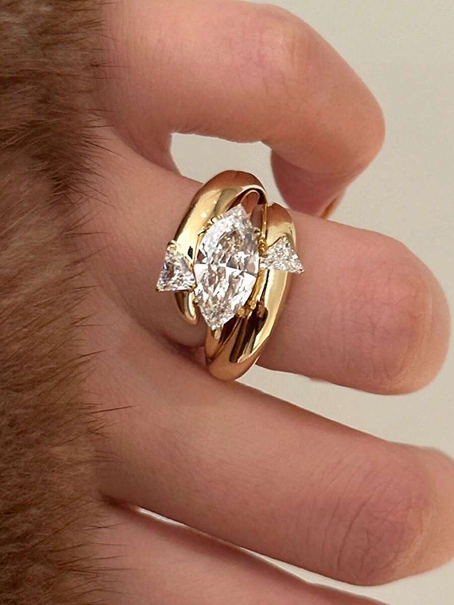 rundraw 1枚/2枚新款橄榄形双层包裹几何可叠戴简约优雅铜锆石金色开口戒指,女士适用,适合派对、通勤、宴会、订婚、婚礼、日常穿搭配饰,节日和周年纪念日送给朋友和情侣的最佳礼物 - 金色 - 查看 1