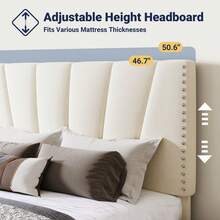 Allewie Full/Queen/King Size Bed Frame With Adjustable Velvet Upholstered Headboard, Rivet-Style Nailhead Trim Detail Platform Bed Frame, Wooden Slat Support, No Box Spring Needed, Easy Assembly, Cream White - Cream White - 查看 3