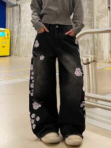 1件装女士做旧刺绣阔腿牛仔裤，宽松舒适休闲街头风牛仔裤，后袋装饰（不含腰带/配饰）粉色春季 - 粉色 - 查看 4