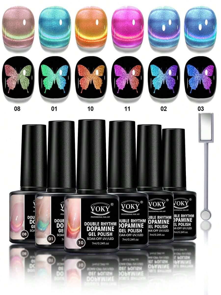 双猫眼凝胶指甲油套装 - 足部、手部和指甲护理美甲套装，包含6瓶双猫眼凝胶指甲油和1根磁性棒。需配合LED美甲灯使用。在家即可打造沙龙级美甲效果。适合专业美甲师和美甲爱好者。高品质凝胶，时尚美甲，每瓶7毫升。