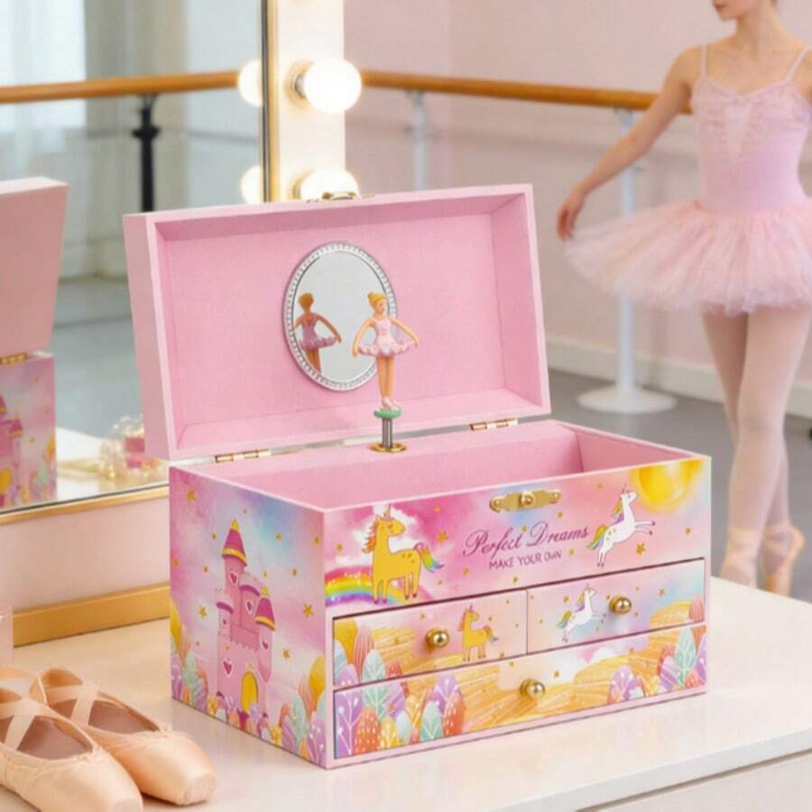 Colorful Girls' Musical Jewelry Box | 3 Drawers, Ballerina & Unicorn Jewelry Set | Waltz Of Flowers Tune Gift - Hồng - Xem 1