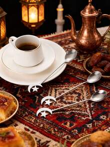 2/4/6/8/12pcs Stainless Steel Coffee Spoons, Moon & Star Shaped Dessert Spoons, Suitable For Afternoon Tea, Ramadan Gift - Silver - View 3