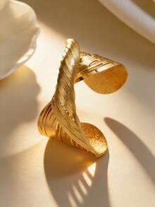 极简波西米亚风格可调节几何线条装饰宽手镯 - 金黃色 - 查看 3