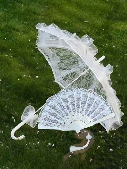 Lace Umbrella Wedding Decoration Set: Lace Umbrella And Lace Plastic Fan, European Style Bridal Umbrella, Outdoor Wedding Decor Umbrella And Fan Set, Best Gift, Wedding Photography Prop, Decorative Umbrella, Photography Prop Umbrella, Dance Accessory Parasol, Spring/Summer Choice, Bridesmaid Gift, Room, Bedroom Decor, Beach, Travel, Men, Women, Holiday, Valentine's Day Accessory