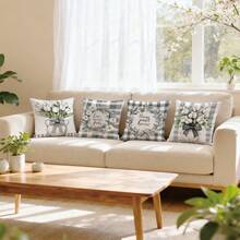 4pcs Simple Plaid & Floral Print Pillow Covers [Single-Sided Print], 17.7*17.7in(45*45cm)/19.69*19.69in(50*50cm)/15.75*15.75in(40*40cm), Spring Black & White Plaid White Floral Cushion Covers For Home, Sofa, Bedroom, Car Decor [Pillow Insert Not Included], Suitable For Daily Use, Home Decoration, Minimalist Style - Multicolor - View 8