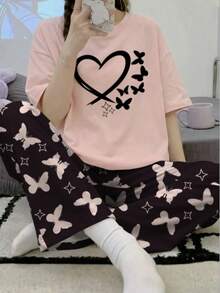 Teen GirlSummer Short Sleeve Top And Pants Set, Crew Neck Cartoon Rabbit Print Outfit - Pink - View 5