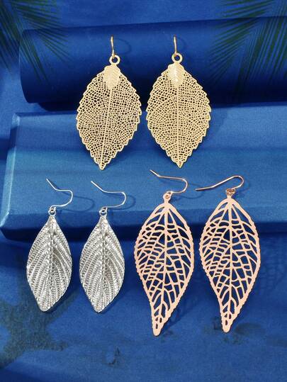 3 pares de pendientes colgantes de metal multicolor con diseño de hojas, para uso diario y oficina, en plata y oro