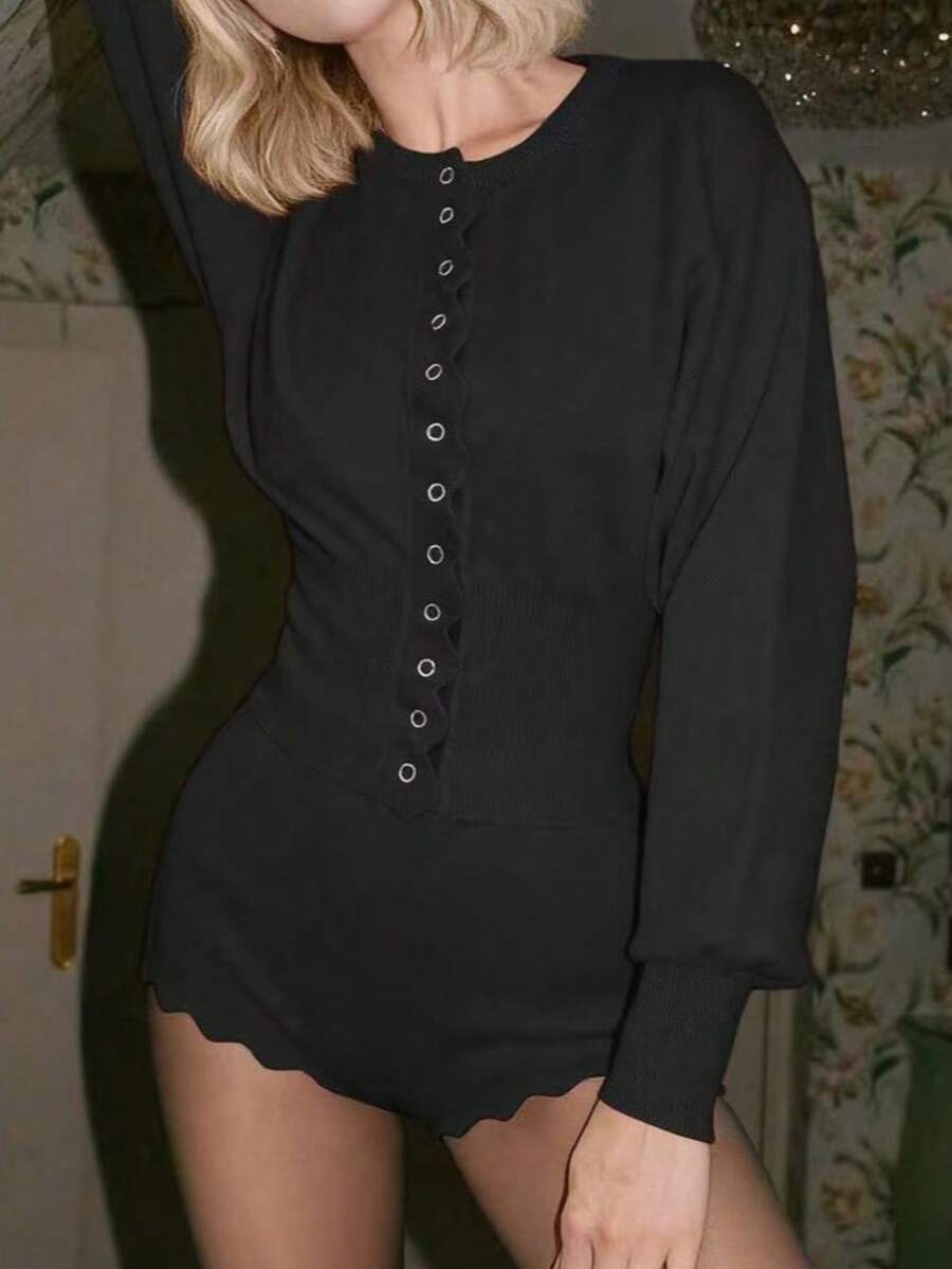 女士红色休闲针织上衣和裤子套装，适合日常穿着、圣诞节和新年。 - 黑色 - 查看 1