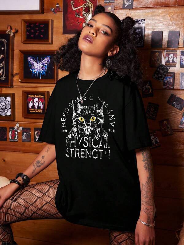 Men's T Shirts Cat & Slogan Graphic Drop Shoulder Tee Men's Casual Print Round Neck Short Sleeve T-Shirt Standard Fit T-Shirt For Men