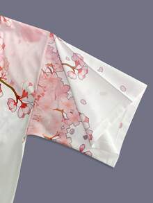 Japanese Style Haori Cardigan, Harajuku Retro Minimalist Floral Print Kimono, Group Performance Costume White - White - View 3