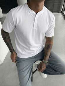 GRDR 1pc Men's Casual Henley Neck Short Sleeve T-Shirt, Summer - White - View 4