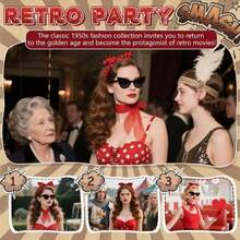 Bộ phụ kiện nữ phong cách cổ điển thập niên 40-50 (1/4/6 món), bao gồm khăn quàng cổ, kính mắt mèo, băng đô chấm bi và găng tay, phù hợp cho tiệc theo chủ đề thập niên 50, trang phục Halloween, lễ hội hóa trang, mặc hàng ngày và các sự kiện theo chủ đề. - Bộ đồ cổ điển - Xem 8