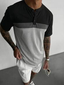 GRDR 1pc Men's Casual Henley Neck Short Sleeve T-Shirt, Summer - Black - View 4