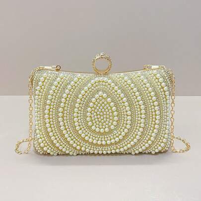 闪耀钻石珍珠装饰女士晚宴手拿包，镶嵌金色水钻，时尚女士手提包，配金属链条，优雅新娘手拿包，适合正式场合、鸡尾酒会、婚礼和盛大晚宴，闪亮水钻点缀手拿包，女士精致之选。