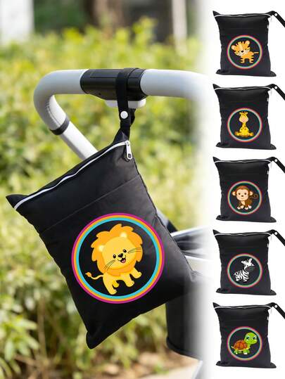 高品质卡通动物印花尿布包，双口袋设计，便携式外出收纳袋，可装尿布和湿巾，爸爸妈妈必备便携可重复使用收纳包，大容量多功能储物袋，家居用品收纳，也适合整理衣物、纸巾和其他物品，可爱动物印花，家居必备，新年、生日或派对的理想礼物