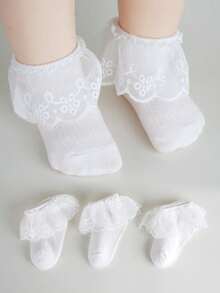 3 Pairs White Lace Socks, Elegant & Sweet Princess Style, Suitable For Children Dance - White - View 8