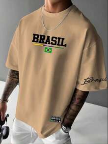 Men's Streetwear T-Shirt With Brazil Print, Cotton - Khaki - View 2
